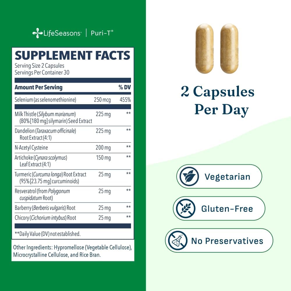 LifeSeasons Puri-T - Liver Cleanse & Detox Support Supplement - Resveratrol, N-Acetyl Cysteine, Milk Thistle, Artichoke & Turmeric - Supports Tissue Regeneration & Healthy Bile Flow - 60 Capsules