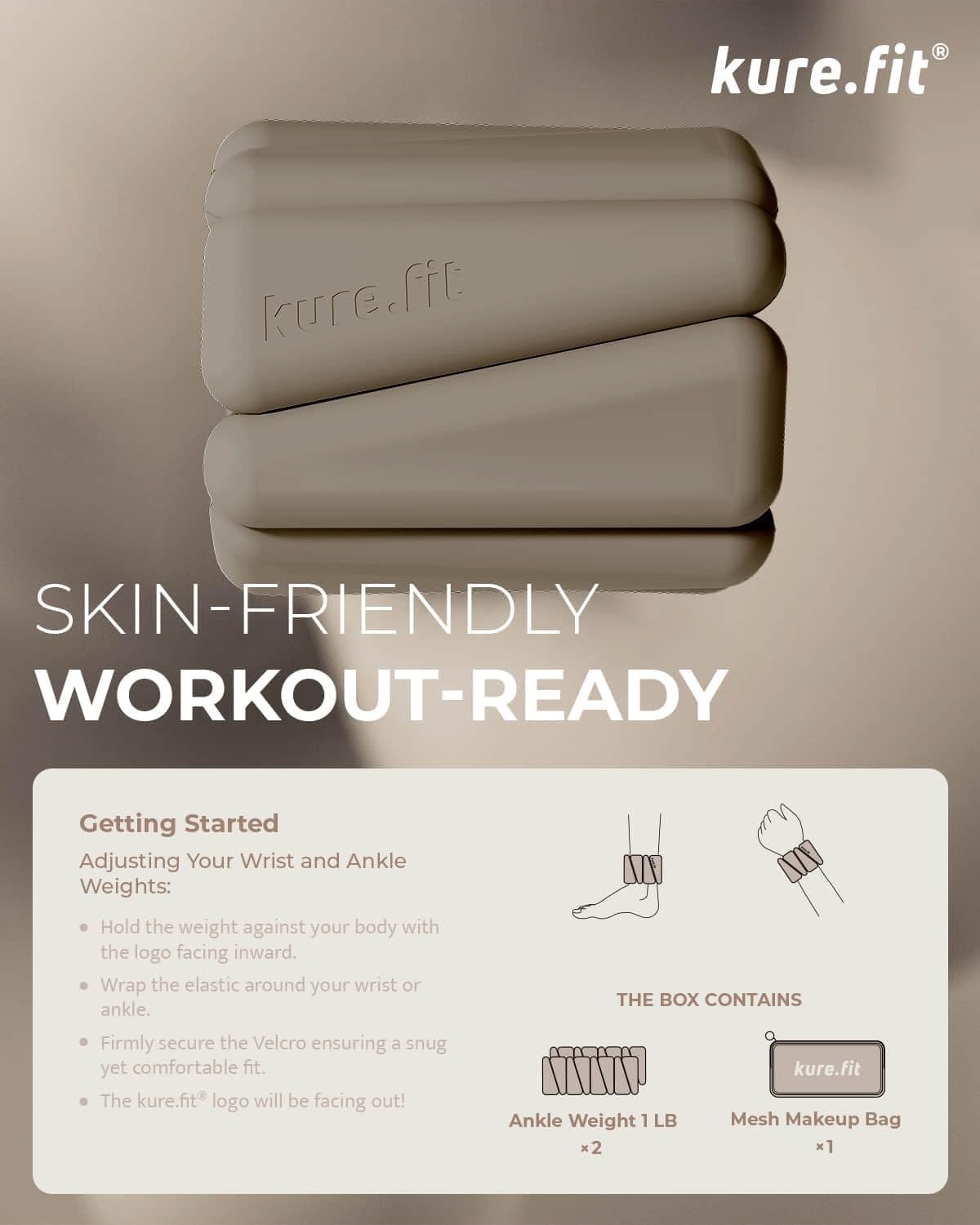 Taupe Adjustable Wrist and Ankle Weights 1lb Each Set of 2 and Beige Pilates Kit Bundle