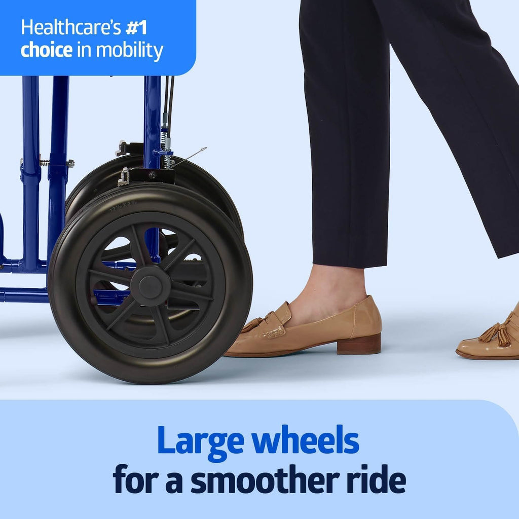 Medline Lightweight Foldable Transport Wheelchair with Handbrakes and 12-Inch Wheels, Blue Frame, Black Upholstery