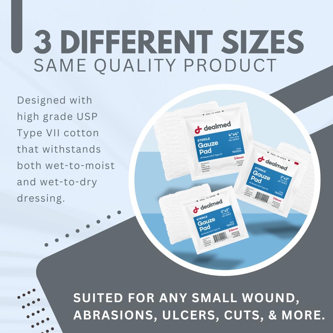 Dealmed 2’’ x 2’’ Sterile Gauze Pads (100 Count) Disposable and Individually Wrapped Medical Gauze Pads, Wound Care Product for First Aid Kit and Medical Facilities (Pack of 1)