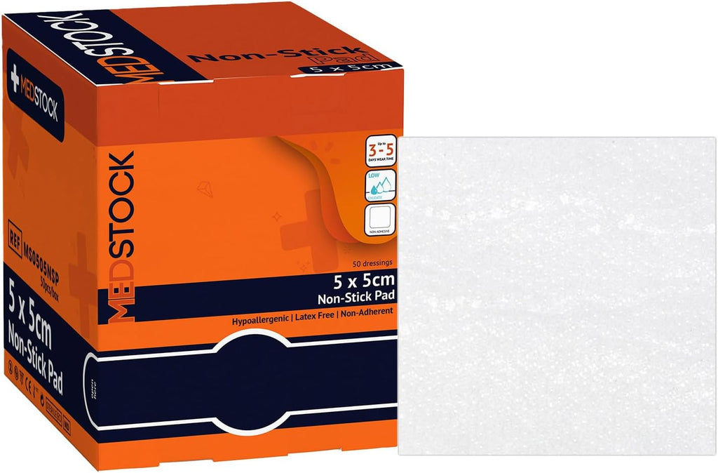 MEDSTOCK Non-Stick Pad, 5CM X 5CM, 50 Count, Gauze Pad Dressing, Non-Stick Wound Care, Surgical Grade, Fragile Tissue Protection, High Absorption, Porous Film Skin Contact Layer, Non Woven Fabric