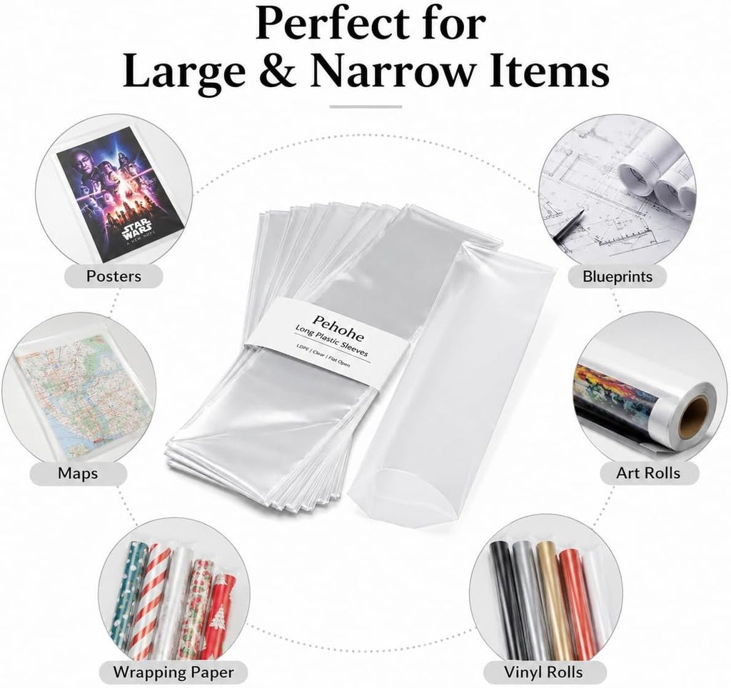 60 Pack 5x50" Long Plastic Sleeves 2.3Mil for Posters, Artwork & Blueprints