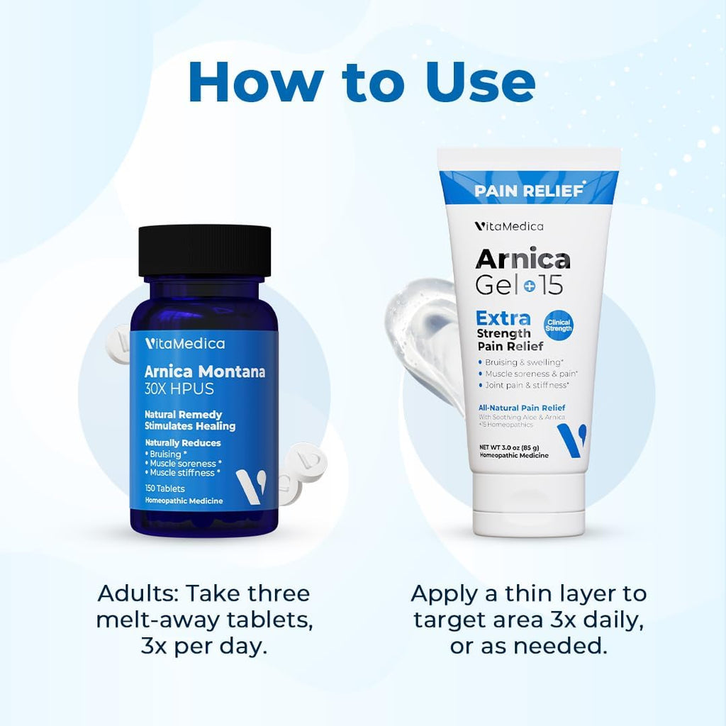 VitaMedica Arnica Tablets & Gel Bundle - 150 Tablets + 3 oz Gel | Support for Bruising, Swelling & Soreness, Rapid-Dissolve 30X Tablets + Water-Based Topical Gel, Plant-Based