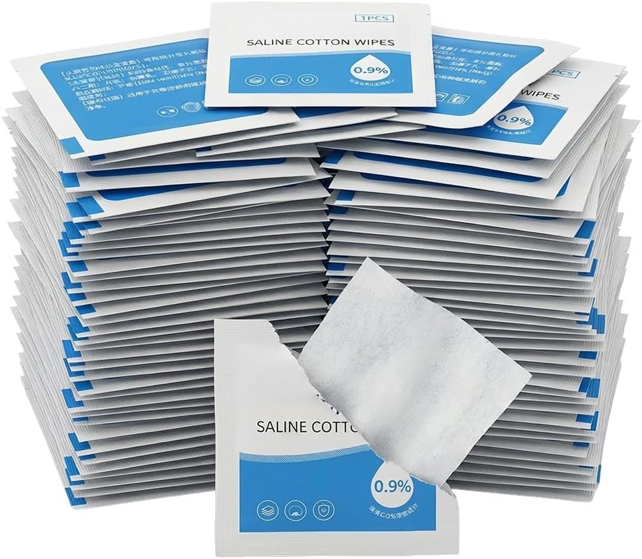 100 Pcs 0.9% Saline Wipes, Sodium Chloride Alcohol Free Cleansing Wipes, Individually Wrapped Gentle Skin Wipe for First Aid Wound Care Piercing Aftercare, Portable Sterile Cleaning Pads (60 x 60 mm)