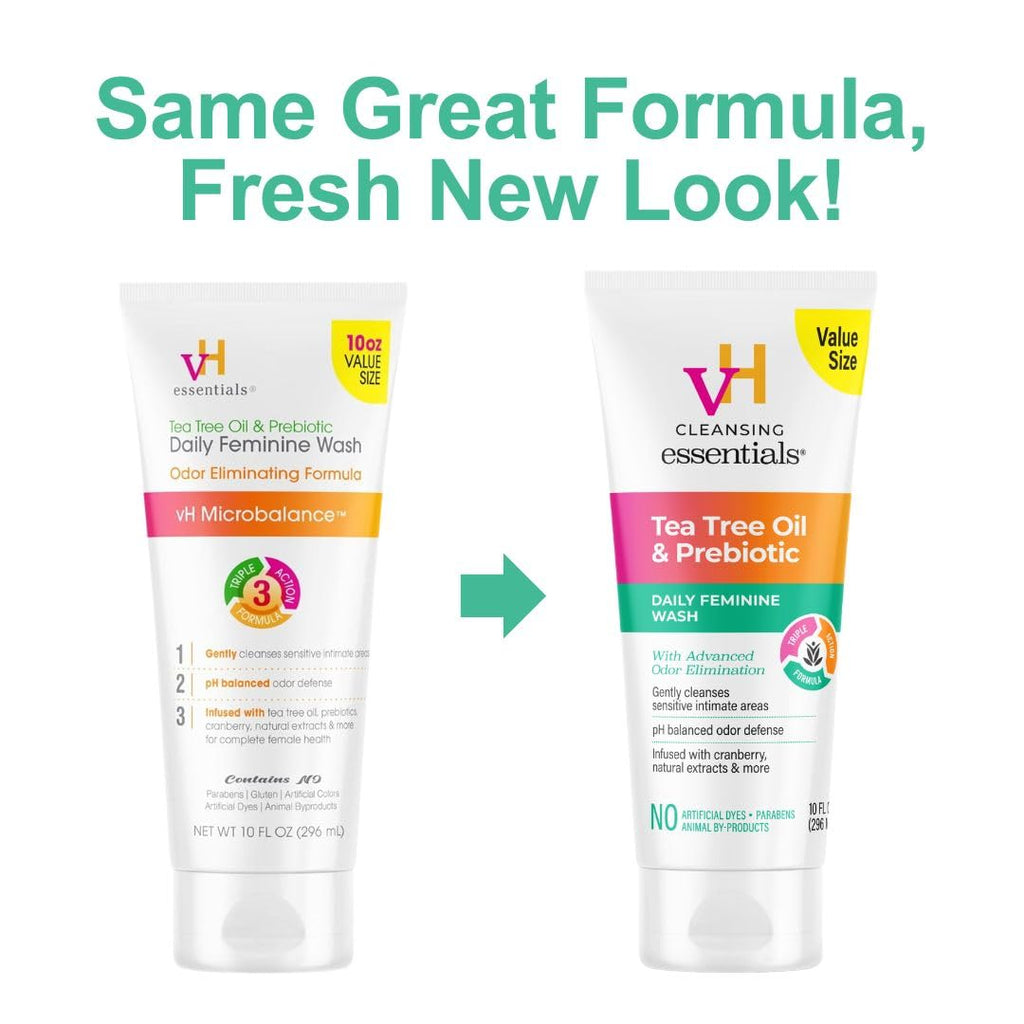 vH Essentials Daily Feminine Wash - 10 Fl Oz - Odor Eliminating Vaginal Wash with Tea Tree Oil, Prebiotics and Cranberry, gentle cleanser + pH balancing
