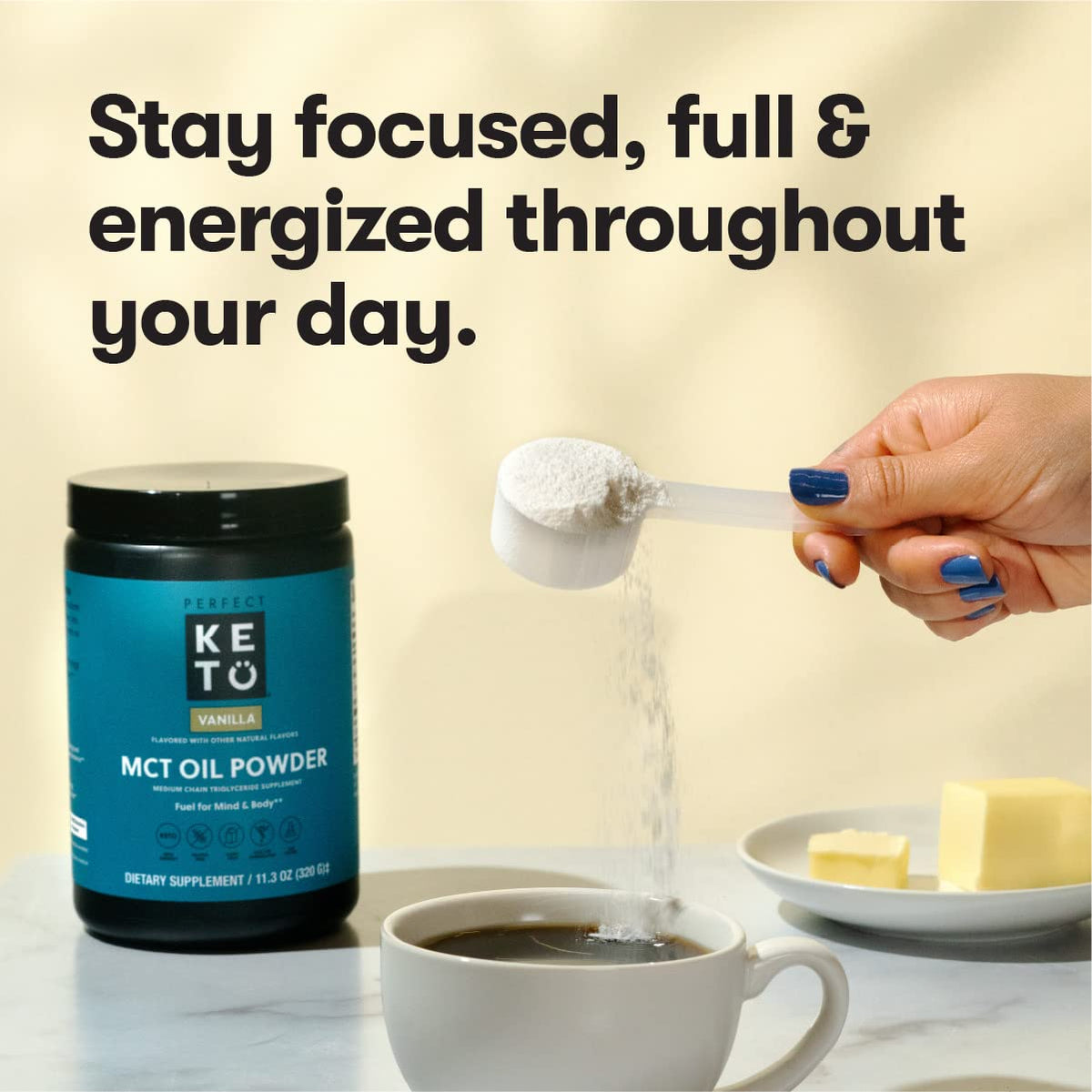Perfect Keto 7g MCT Oil Powder, Medium Chain Triglycerides Supplement, Non Dairy Coffee Creamer for Keto Diet, Ketogenic MCT Oil Mix for Coffee, Smoothie, Protein Shakes and Tea, Vanilla, 30 Servings