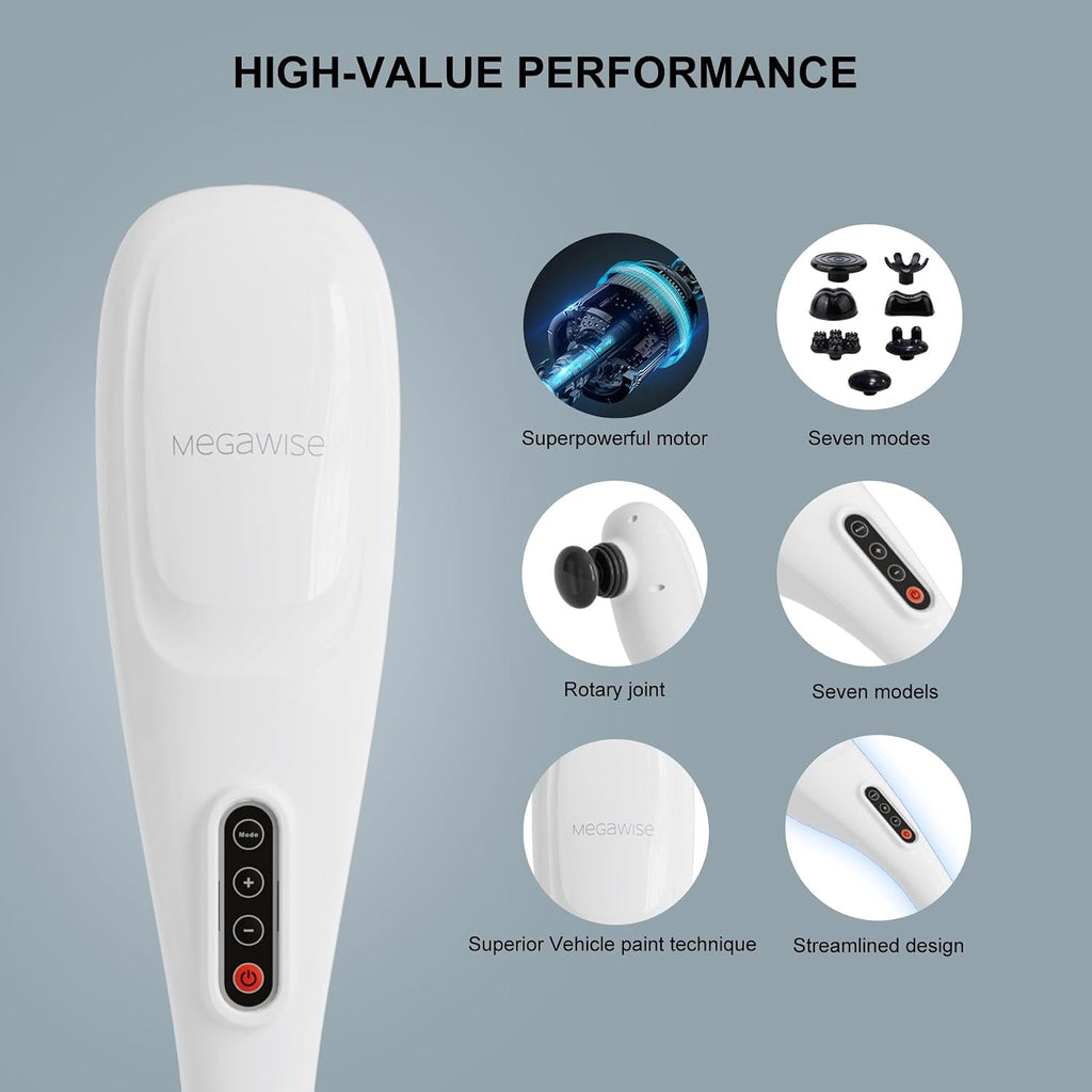 MEGAWISE Cordless Handheld Back Massager, 5 Speeds, 3200mAh, Off-White