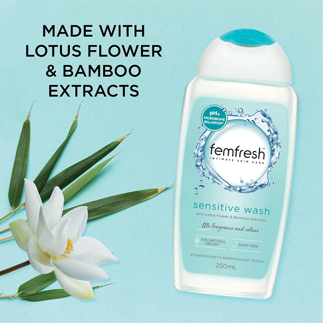 Femfresh Sensitive Intimate Wash 250ml - Fragrance & Colour-Free, With Lotus Flower & Bamboo Extracts, pH & Microbiome Balanced, 94% Natural Origin Ingredients, Soap-Free Gentle Feminine Cleanser
