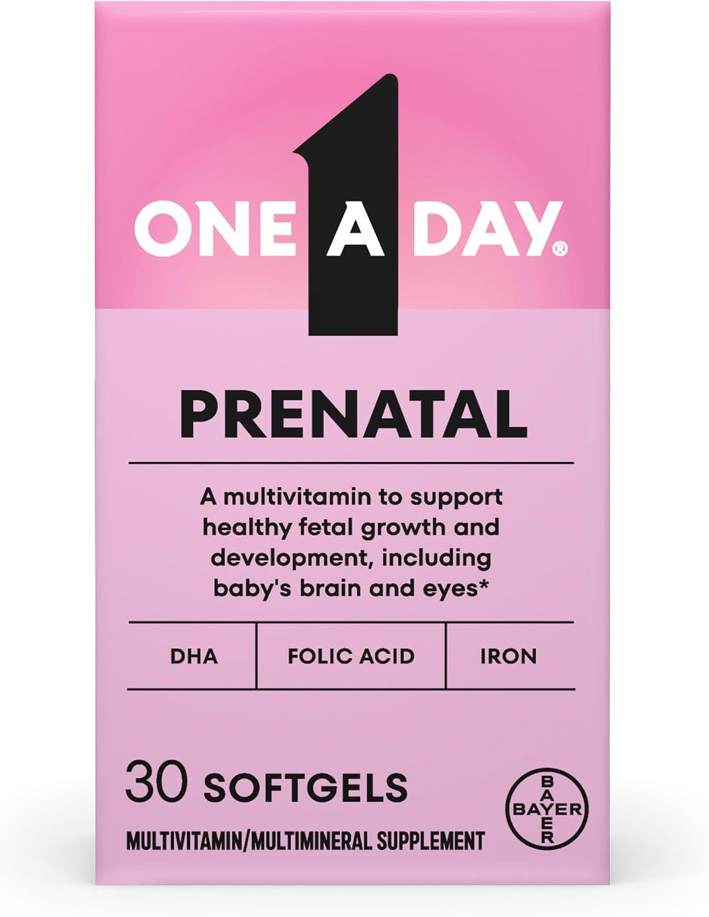 One A Day Prenatal Vitamins- Folic Acid, Iron, Omega- 3 (DHA), Pregnancy Vitamins for Women, Prenatal Multivitamin for Mom and Baby Support, Pregnancy Must Haves 30 Ct (Packaging May Vary)