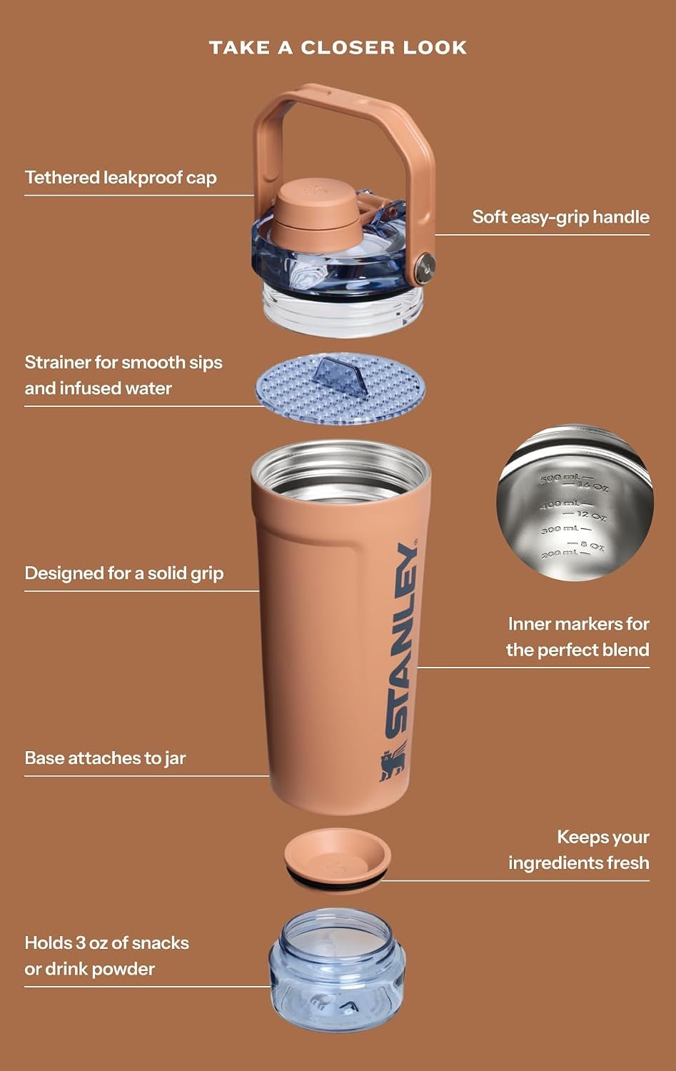 STANLEY Vitalize Shaker Bottle 20 oz | Leakproof Insulated Stainless Steel Shaker Cup | Base Storage and Twist On Fast Flow Lid | Protein Shakes and Pre Workout Powder | BPA-Free | Dried Pine