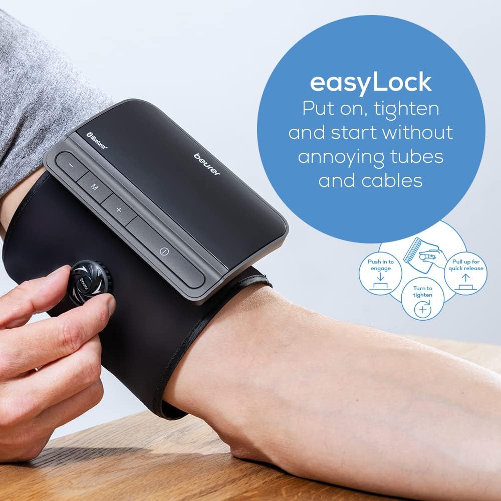 Beurer BM81 easyLock Automatic Upper Arm Blood Pressure Monitor, Smart Cuff Without Cables for Fast Measurement, Bluetooth, 240 Memory Sets, Data Transfer to Apple Health and co.