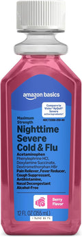 Amazon Basics Nighttime Severe Cold and Flu Syrup, Max Strength, Multi-Symptom Relief for Adults and Children 12 Years and Older, Berry Flavor, 12 fl oz (Previously Care)
