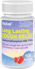 RXZELL Adult Cough Relief, Dextromethorphan HBr 15mg (100 Softgels), 8 Hour Long Lasting, Non-Drowsy, Cough/Bronchial Suppressant