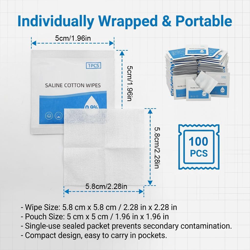 100 Pcs 0.9% Saline Wipes, Sodium Chloride Alcohol Free Cleansing Wipes, Individually Wrapped Gentle Skin Wipe for First Aid Wound Care Piercing Aftercare, Portable Sterile Cleaning Pads (60 x 60 mm)