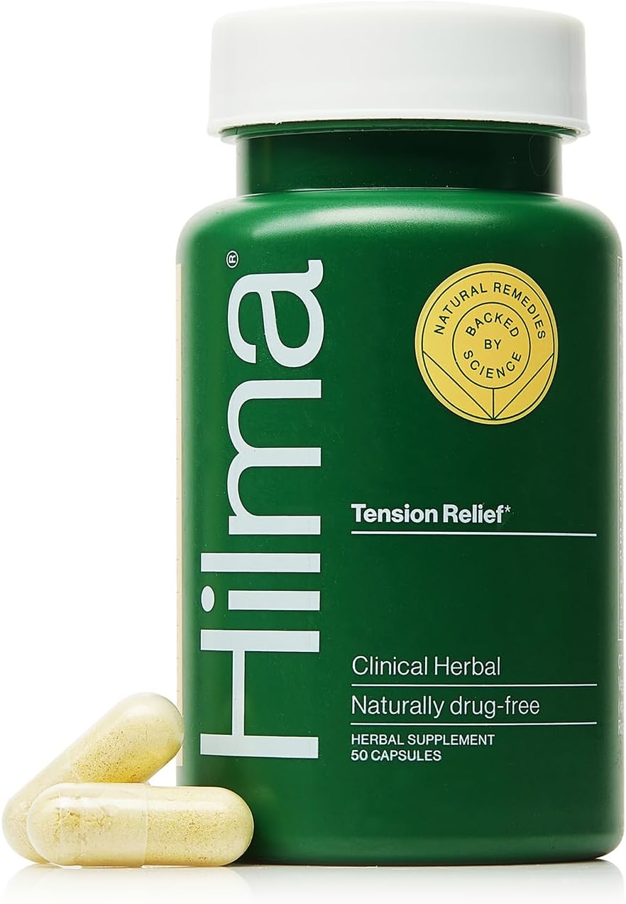 Hilma Natural Tension Relief, 50 Vegan Capsules | Occasional Head Discomfort and Stress Relief Supplement with Magnesium Glycinate, Willow Bark, Boswellia, and Feverfew