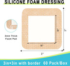 60 Pack Silicone Foam Dressing 3''x3'' with Gentle Border | FSA Eligible HSA, Skin Wound Care, Self Adhesive Waterproof Bandages Absorbent Pads for Elderly Skin Protection, Post-Op