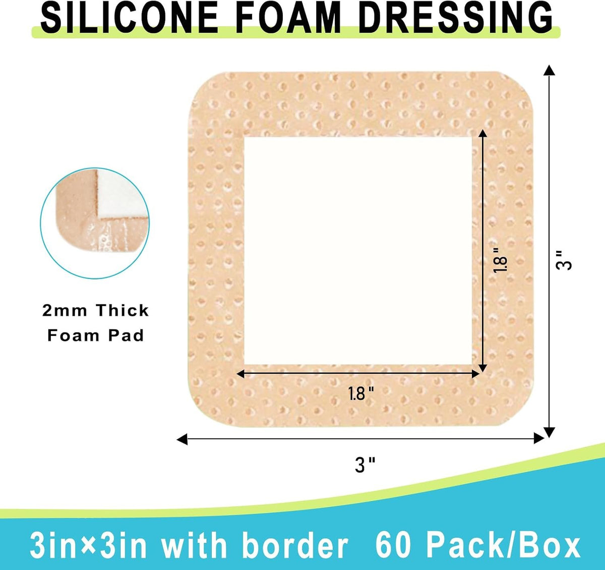 60 Pack Silicone Foam Dressing 3''x3'' with Gentle Border | FSA Eligible HSA, Skin Wound Care, Self Adhesive Waterproof Bandages Absorbent Pads for Elderly Skin Protection, Post-Op