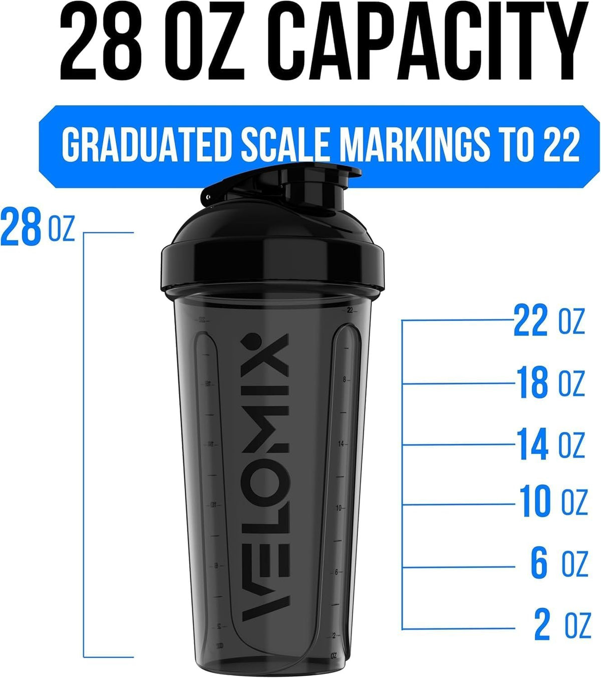 VELOMIX 6 Pack 28oz Shaker Cups for Protein Shakes, Blacks to Transparent | 6x Wire Whisk, Leak Proof Protein Shaker Bottle for Protein Mixes, Stackable, Multipack Value Set for Home, Gym and Car
