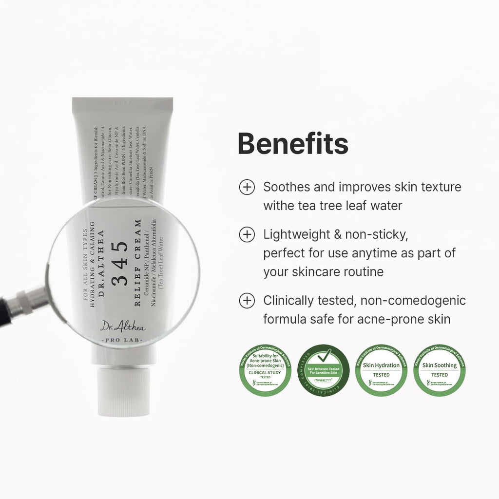 Dr.Althea 345 Relief Cream, Korean Skincare, 0.50 Fl Oz (Ver.2 - Pack of 1) | PDRN, Hyaluronic Acid for Instant Hydration, Blemish, Post-Acne Vegan Face Moisturizer with Centella, Non-comedogenic