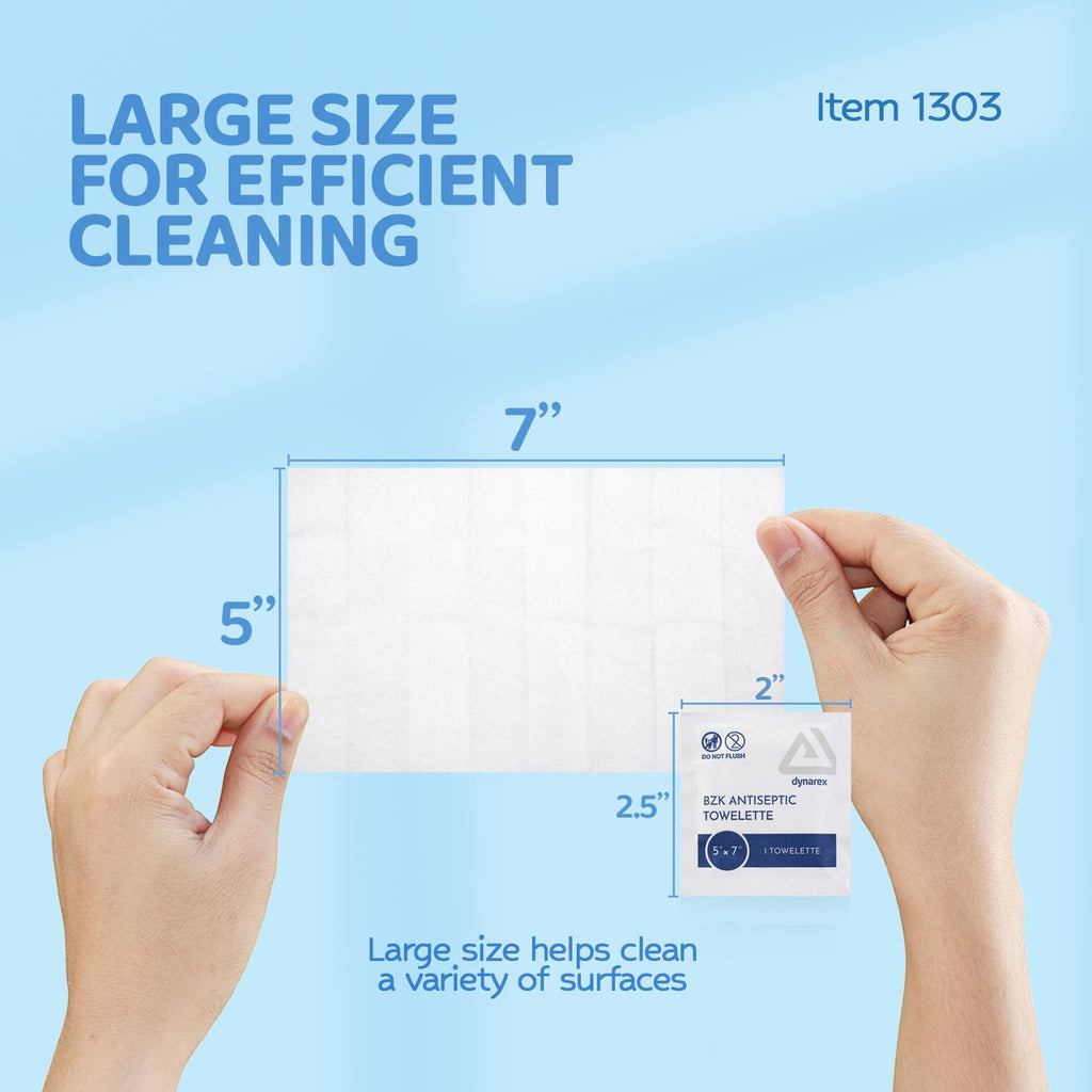 Dynarex DynaSafety BZK Antiseptic Towelettes - Sterile, Alcohol and Fragrance Free, Gentle Cleansing, Safe on Minor Wounds - 5" x 7" - Case of 10, 100 per Box