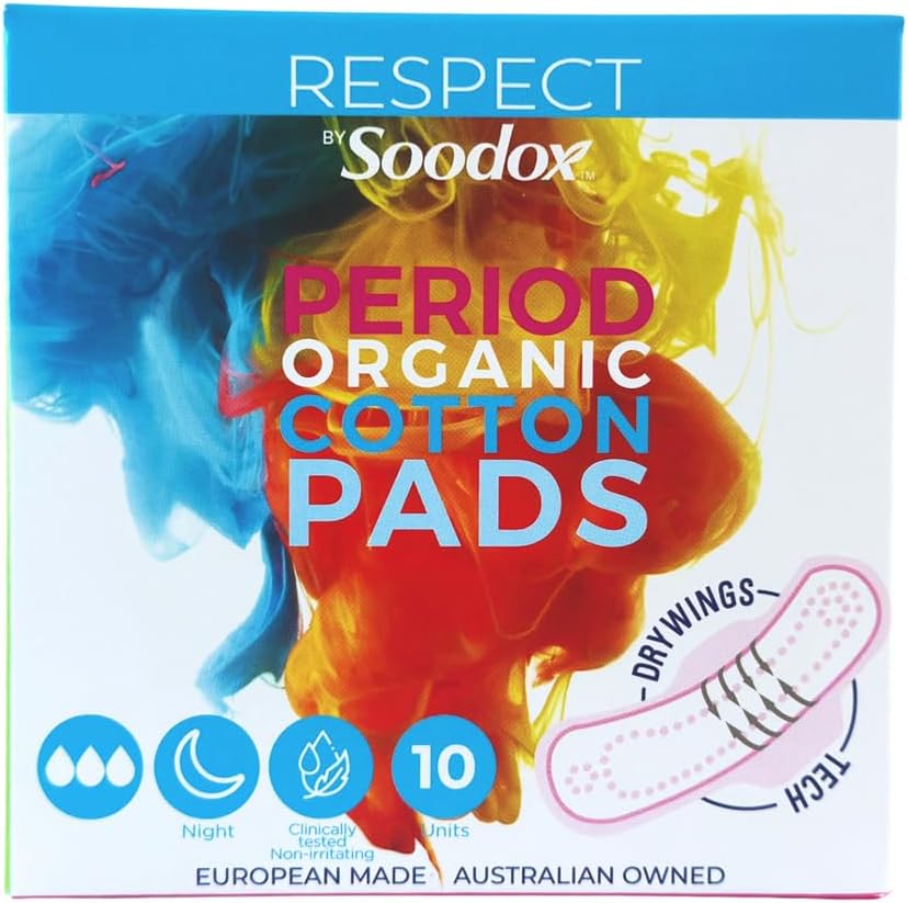 Respect by Soodox Period Organic NIGHT Cotton Pads | Drywings Technology With Anti-Leak Wings| Clinically Tested Non Irritating | Certified Organic Cotton | No Plastic | Halal & Vegan |10 Pack