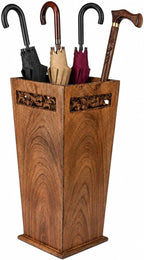 Antique Wooden Umbrella Stand & Walking Cane Holder for Home, Office & Entryway | Hand-Carved Solid Wood Umbrella & Cane Storage Rack | Size 21.5 x 8 x 8 in, Base 7.5 x 7.5 inches (Solid)