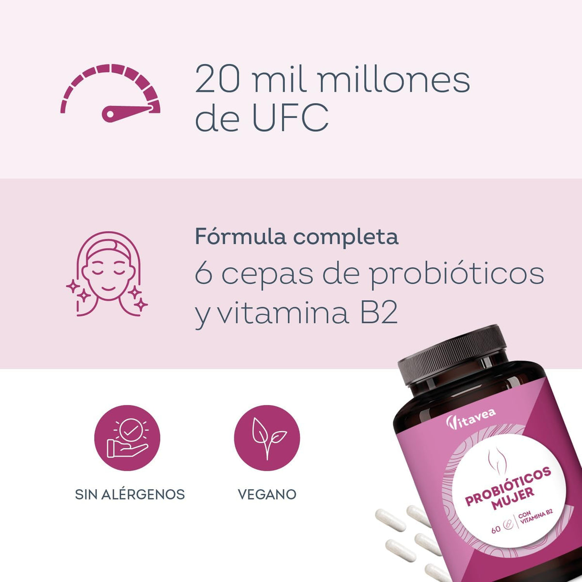 Intimate Flora Woman Probiotics - 6 Strains with Lactobacillus Gasseri, Crispatus and Acidophilus - 20 Billion CFU - With Vitamin B2 for Intimate Wellness - 60 Capsules - Vitavea