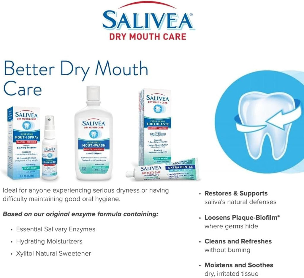 SALIVEA Soothing Dry Mouth Spray for Adults 250 Pumps Mint 1.5 oz Pack of 1 | Moisturizing saliva substitute with natural salivary enzymes aids daily oral care, mild formula for kids and adults