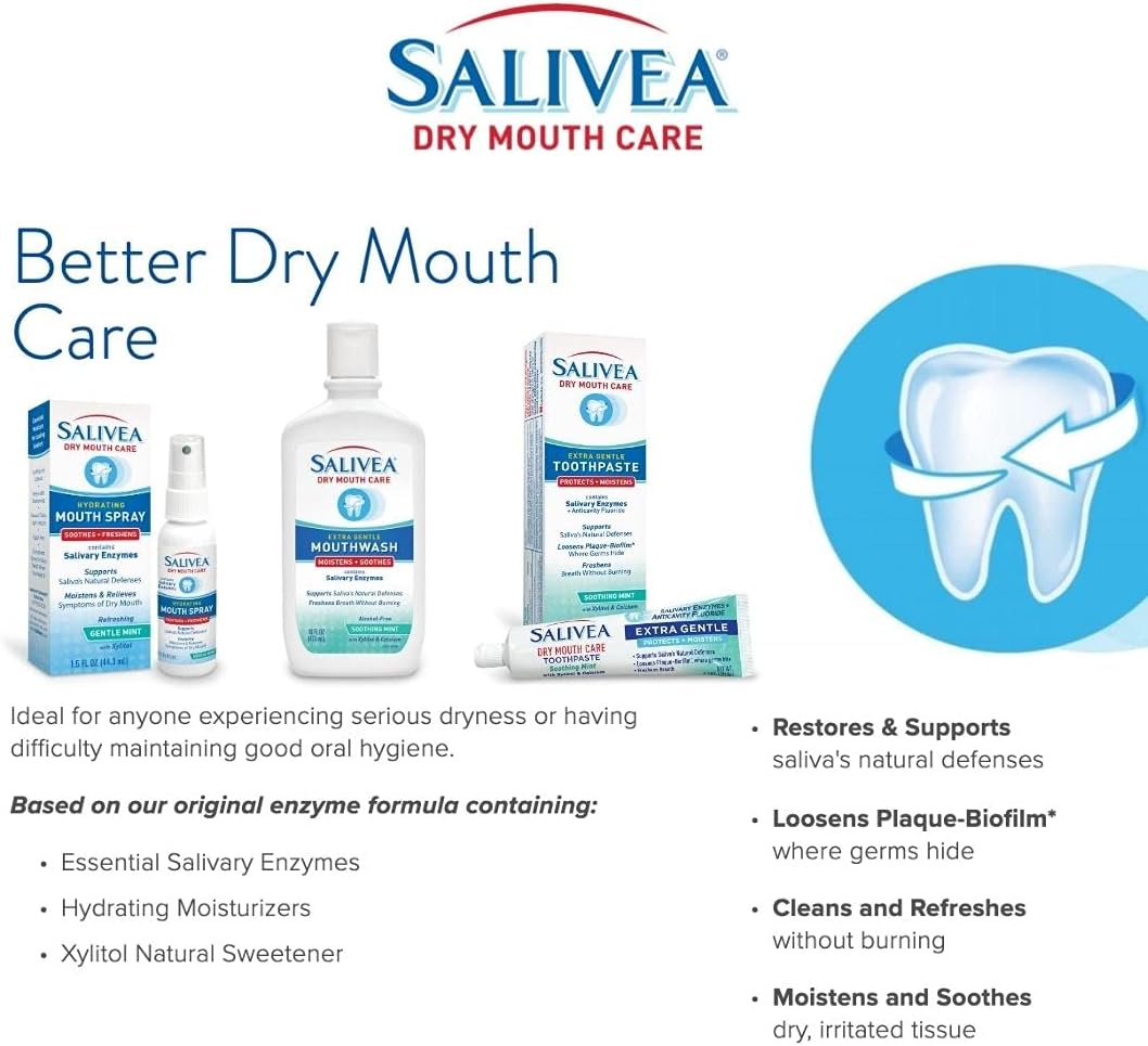 SALIVEA Soothing Dry Mouth Spray for Adults 250 Pumps Mint 1.5 oz Pack of 1 | Moisturizing saliva substitute with natural salivary enzymes aids daily oral care, mild formula for kids and adults