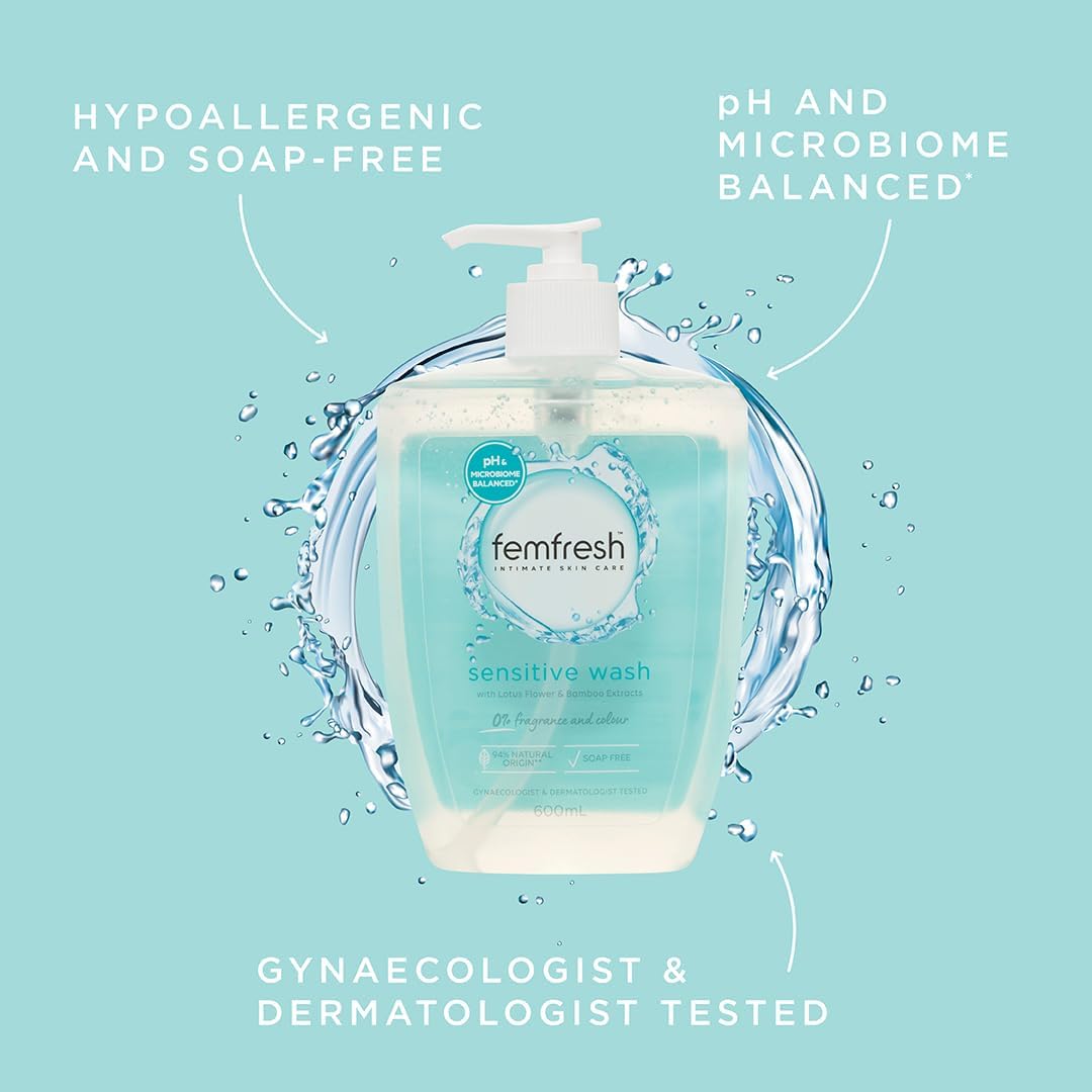 Femfresh Sensitive Intimate Wash 600ml - Fragrance & Colour-Free, With Lotus Flower & Bamboo Extracts, pH & Microbiome Balanced, 94% Natural Origin Ingredients, Soap-Free Gentle Feminine Cleanser