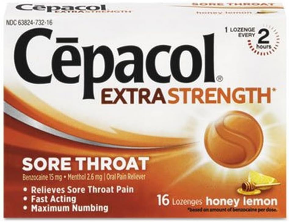 Cepacol Extra Strength Sore Throat Relief Lozenges, Honey Lemon Cough Drops, Maximum Numbing- Fast Acting Sore Throat, Mouth & Canker Sore Pain Relief with Benzocaine & Menthol, 16 Count