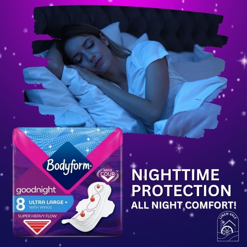 Bodyform Ultra Goodnight Winged Sanitary Pads for Women, Super Heavy Flow, Night Use, 48 Pads, 6 Packs of 8 Period Pads, Cour-V Ultra Night Series, Absorption