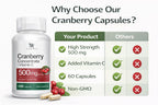 Cranberry Concentrate Extract 500mg with Vitamin C Useful for Bladder Infections & UTI, Urinary Tract Health Support 60 Capsules
