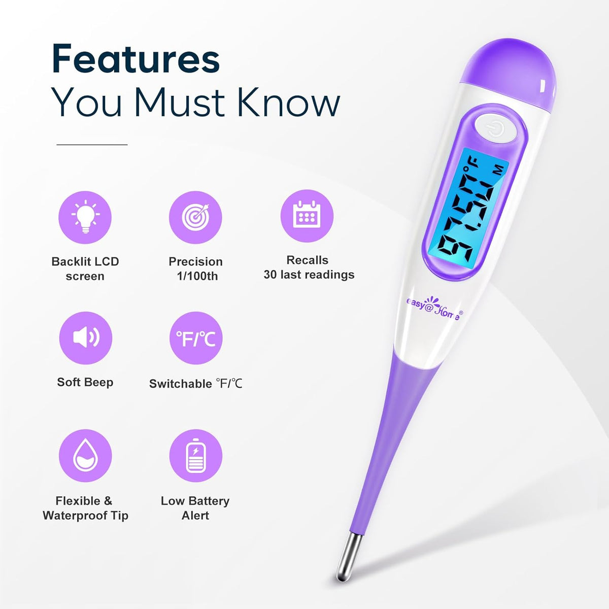 easy@Home Digital Basal Body Thermometer for Adults - Fertility Tracker | Precise 1/100th Degree Thermometer. Flexible Tip, Backlit LCD & 30 Memory. Auto Scan Premom App for Women