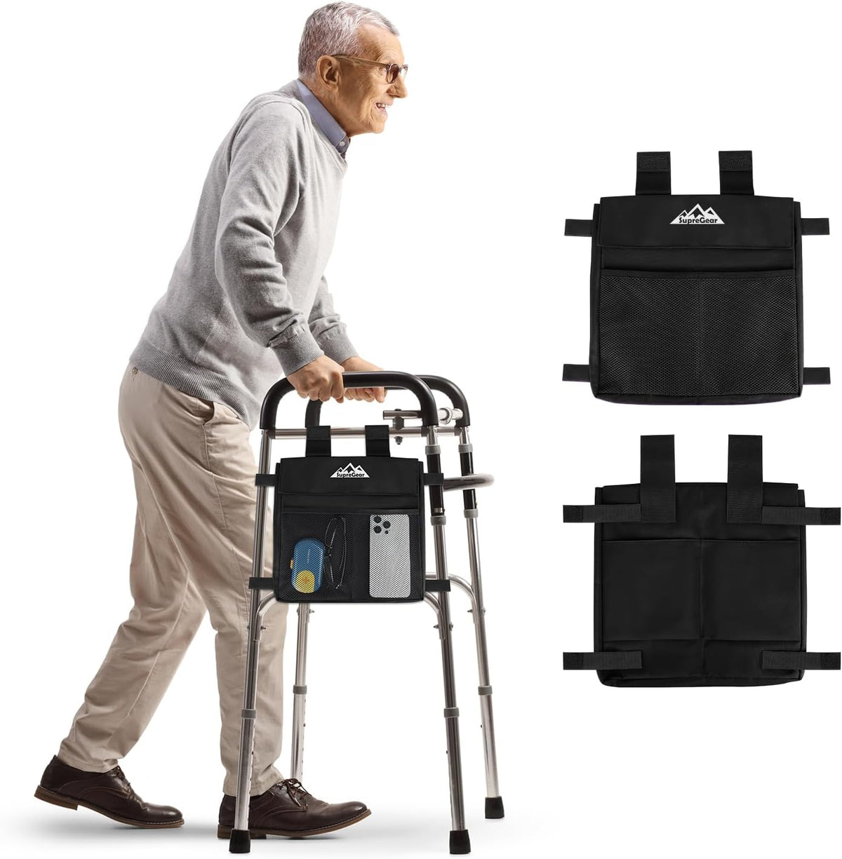 supregear Walker Side Bag, Multi Pocket Storage Pouch for Folding Walker, Water Resistant Lightweight Hand Free Carrier Tote, Universal Size Seniors Caddy Attachment