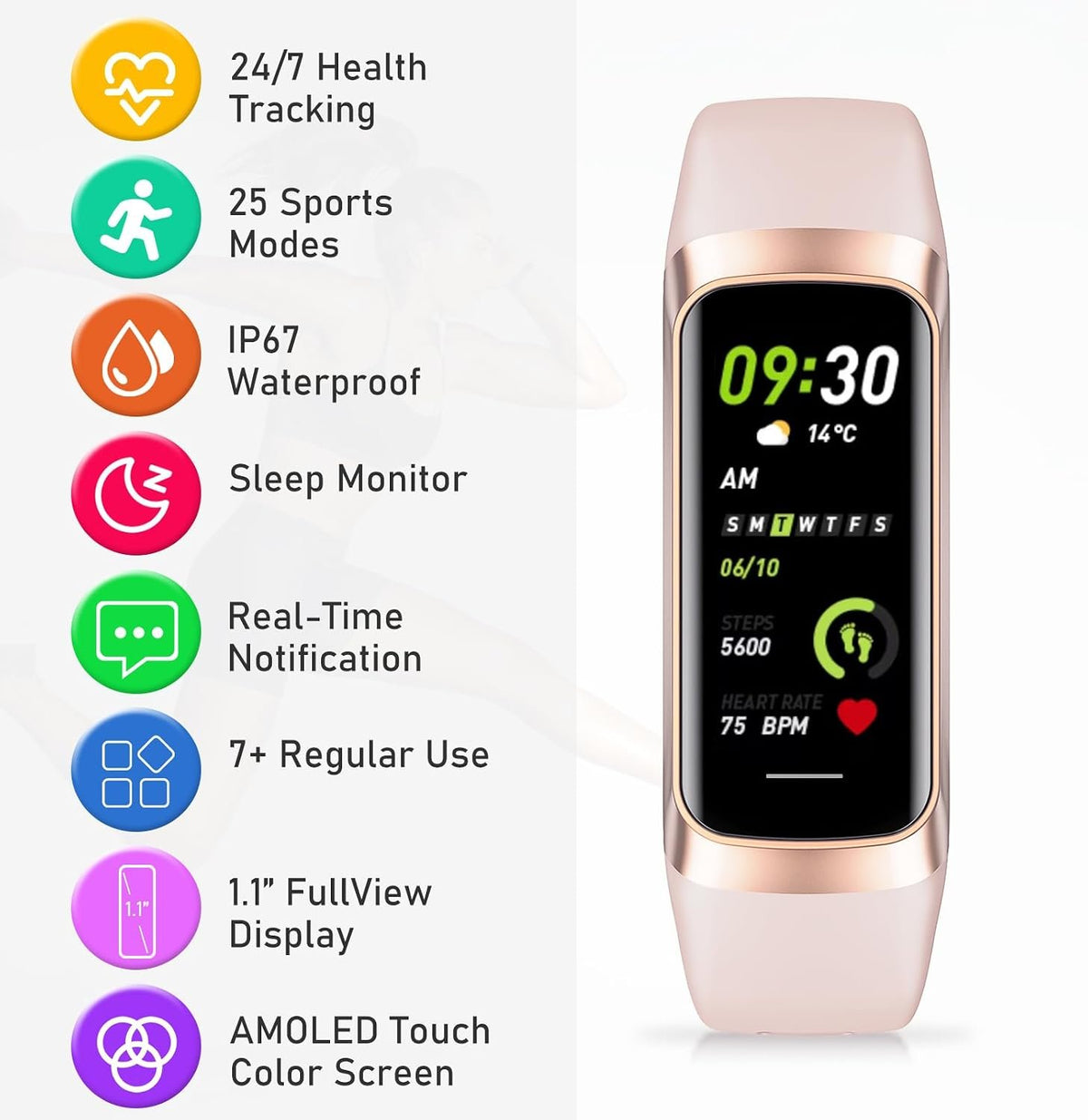 Fitness Tracker for Women Men with Heart Rate/Blood Pressure/Calories | Activity Tracker with 1.1"" AMOLED Screen, Waterproof Step Tracker for Android iPhones, Pink