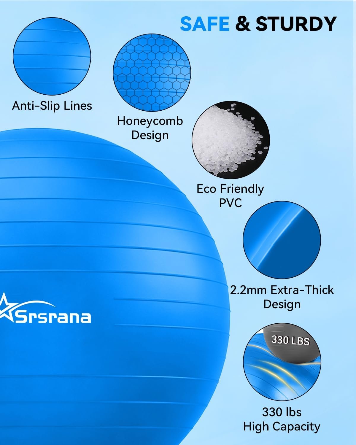 Exercise Ball - Anti-Burst Yoga Ball for Pilates, Pregnancy & Core Stability - Ergonomic Office Desk Ball Chair & Physical Therapy Equipment, Quick Pump Included