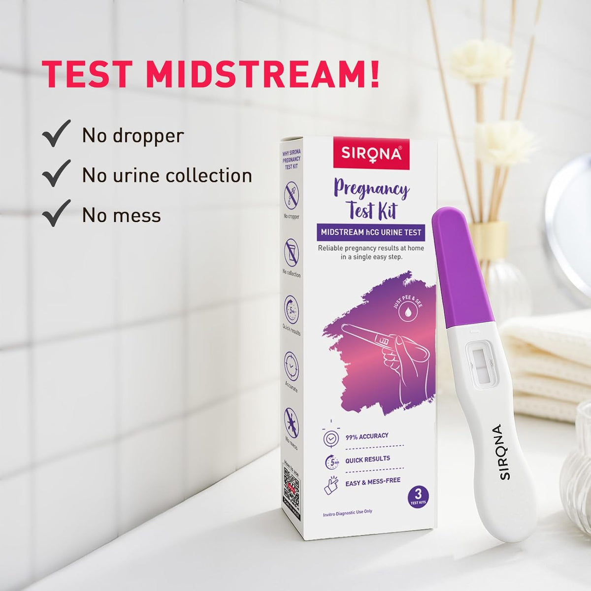 Sirona PregRx Midstream Urine HCG Pregnancy Test Kit Device - Pack of 3