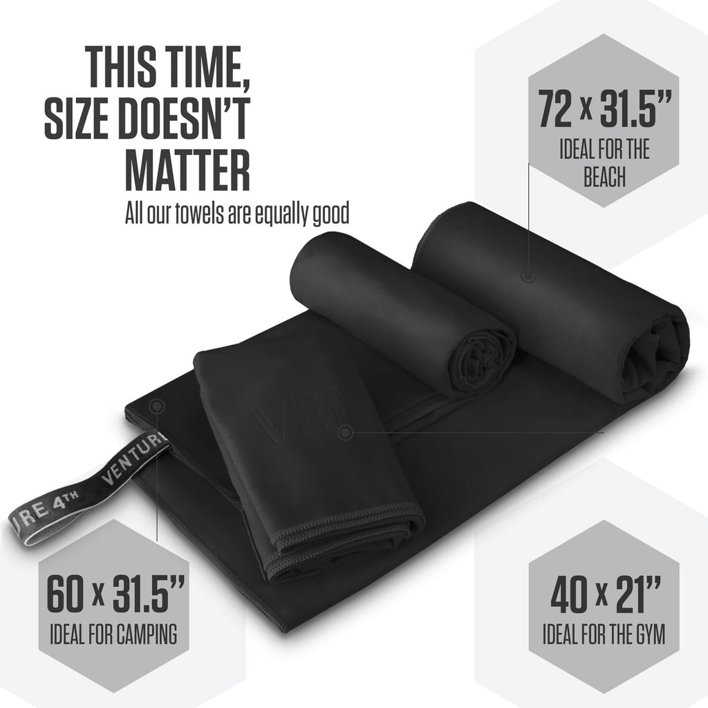 VENTURE 4TH Quick Dry Microfiber Towel for Camping & Gym - Black XL | Lightweight, absorbs 7x more than cotton, dries fast & resists odor. Packable Travel Towel with tear-resistant carry bag.