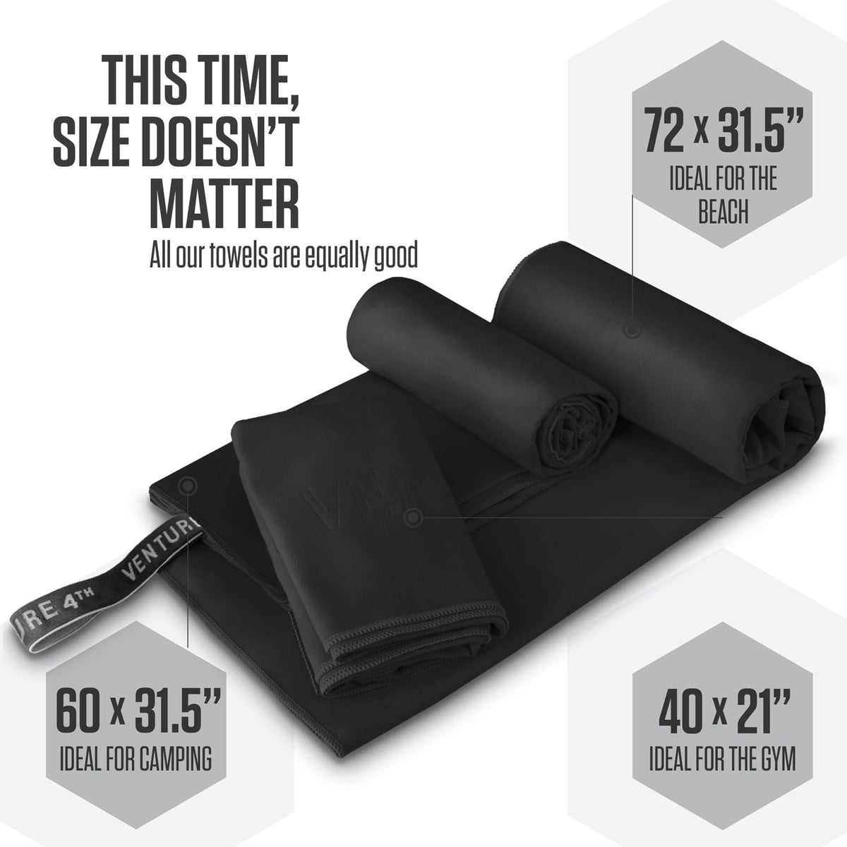 VENTURE 4TH Quick Dry Microfiber Towel for Camping & Gym - Black XL | Lightweight, absorbs 7x more than cotton, dries fast & resists odor. Packable Travel Towel with tear-resistant carry bag.