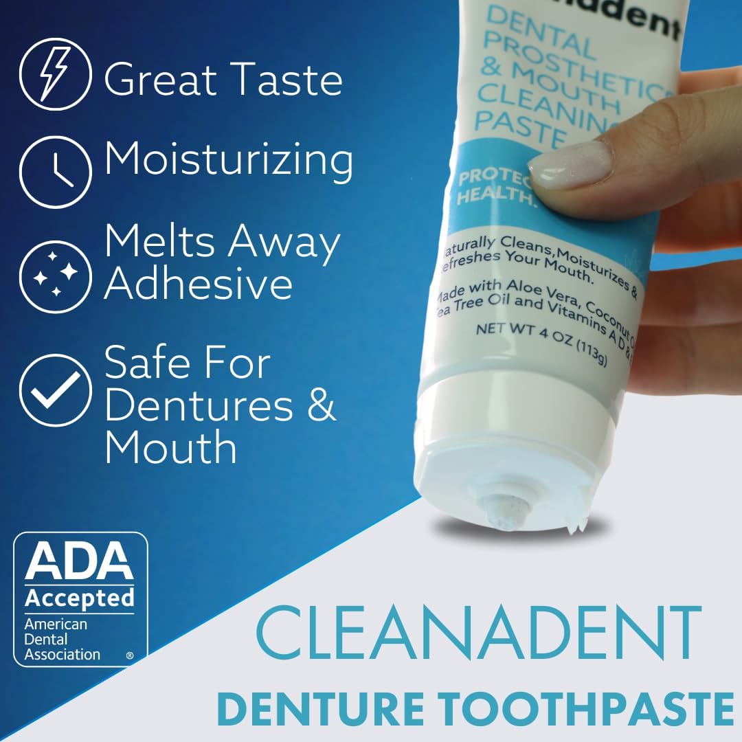 Dr. B Dental Solutions Cleanadent Denture and Gum Toothpaste, ADA Accepted All-Natural Denture Toothpaste for Adults - Removes Odors, Surface Stains and Adhesives - 4 oz