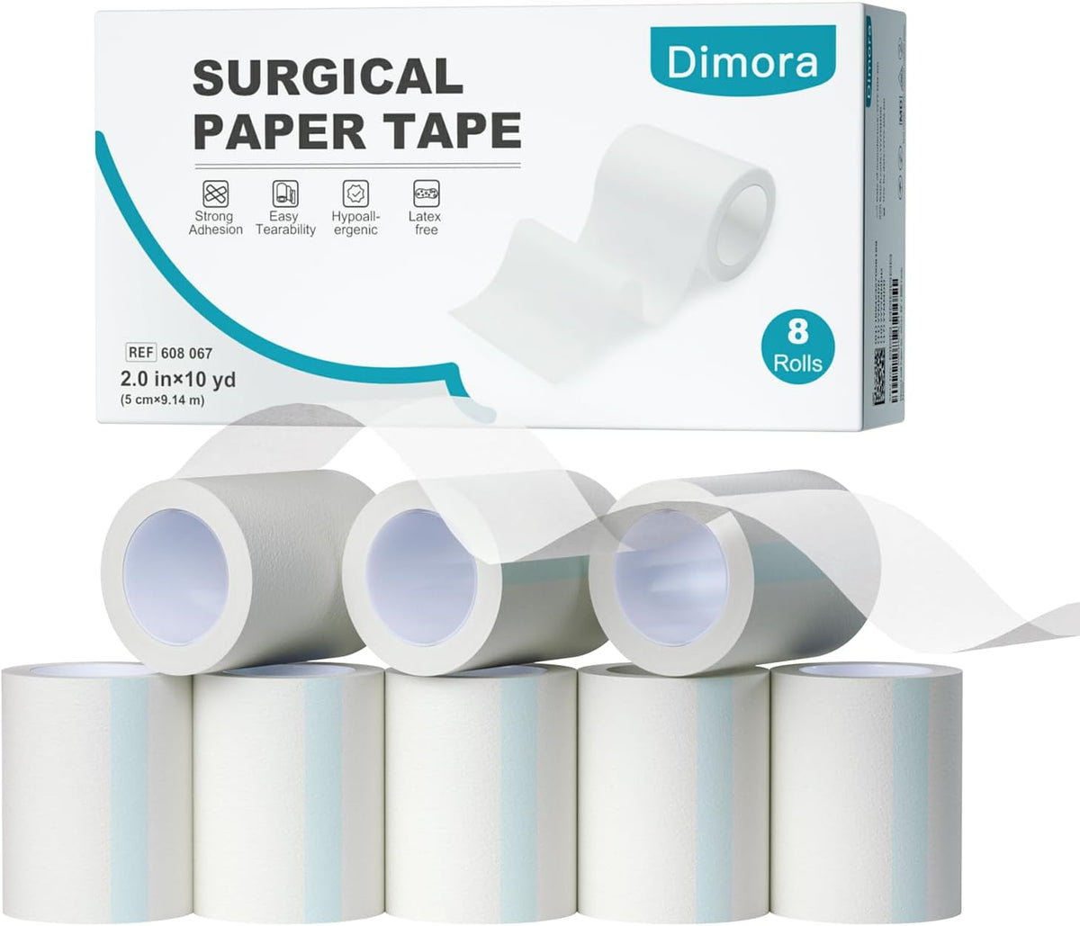 Dimora Paper Medical Tape, White, 8 Rolls, 2 Inch x 10 Yards | Hypoallergenic, For Sensitive Skin, Pain-Free Removal, Easy Tear, Waterproof