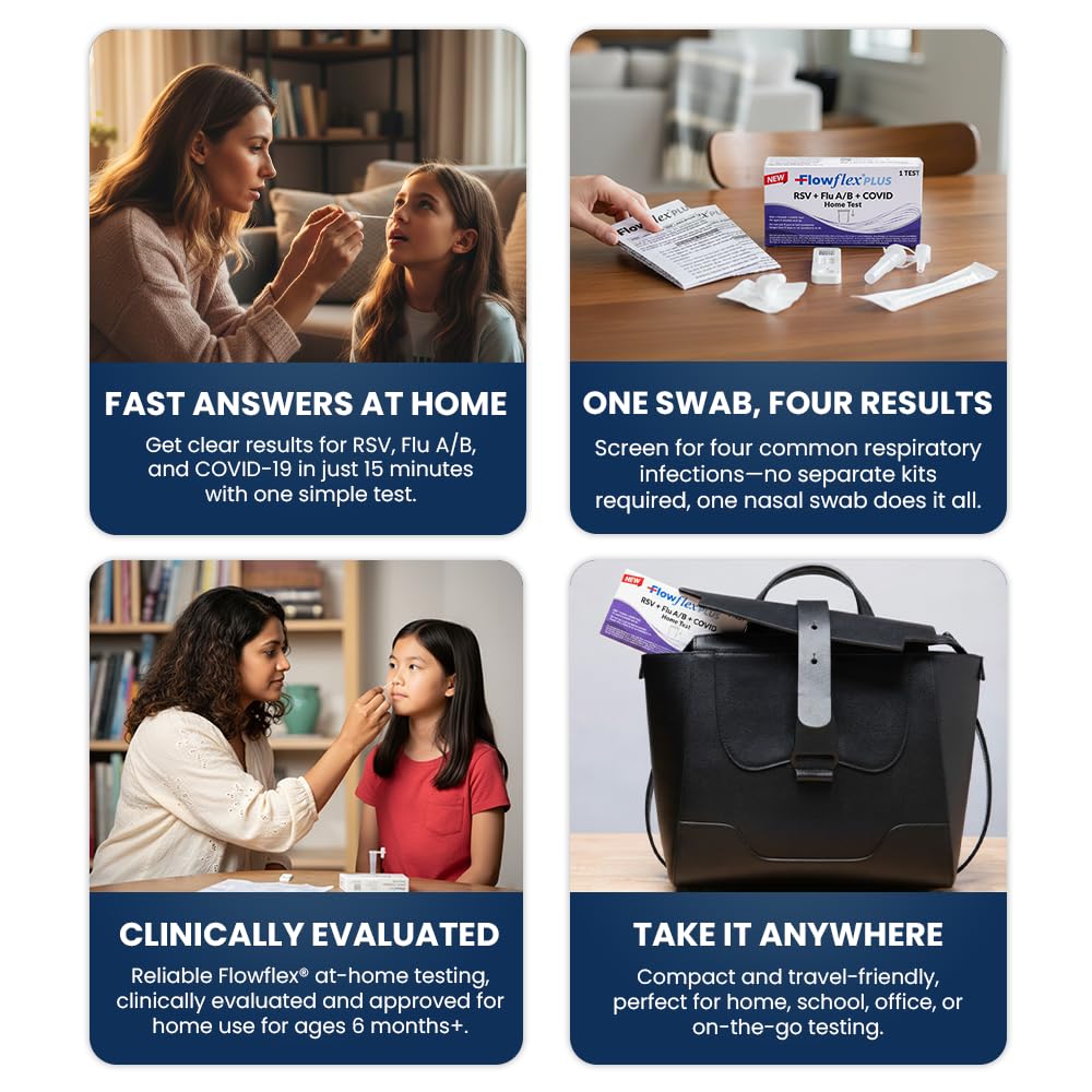 Flowflex Plus RSV + Flu A/B + COVID Home Test (1 Test) | 4-in-1 Home Test Kit, Rapid Results in 15 Minutes, OTC At-Home Antigen Test for Adults & Children