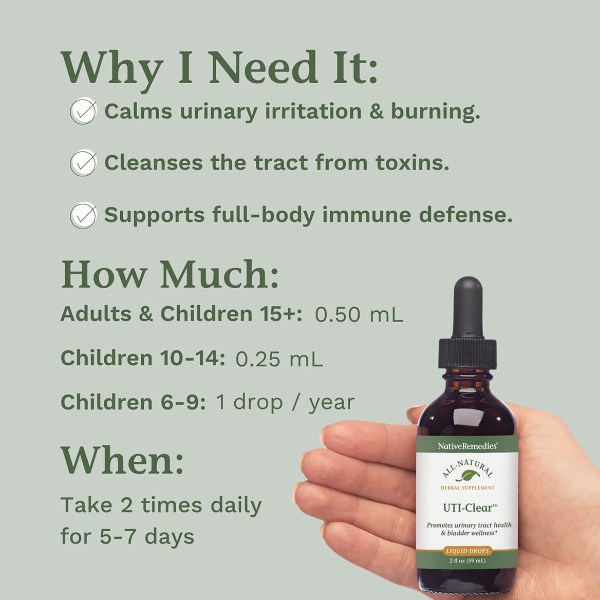 Native Remedies UTI-Clear Herbal Supplement - 100% Natural Tincture with | Buchu, Bearberry, Lemon Balm & More - Supports Urinary Tract & Bladder Health, pH Balance, Bloating Relief - 2 oz Bottle