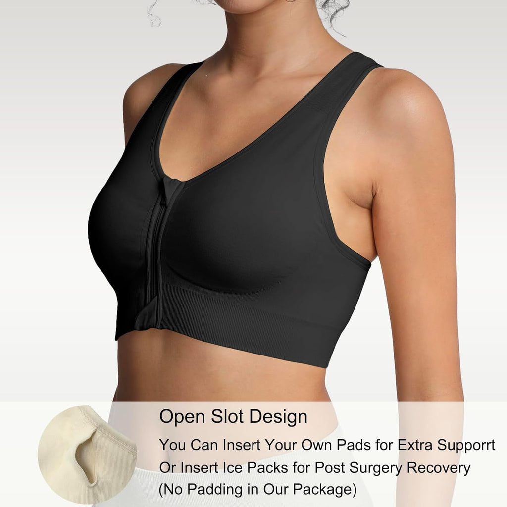 Lemef Zip Front Sports Bras, Post Surgery Compression Wirefree Racerback Bras for Women
