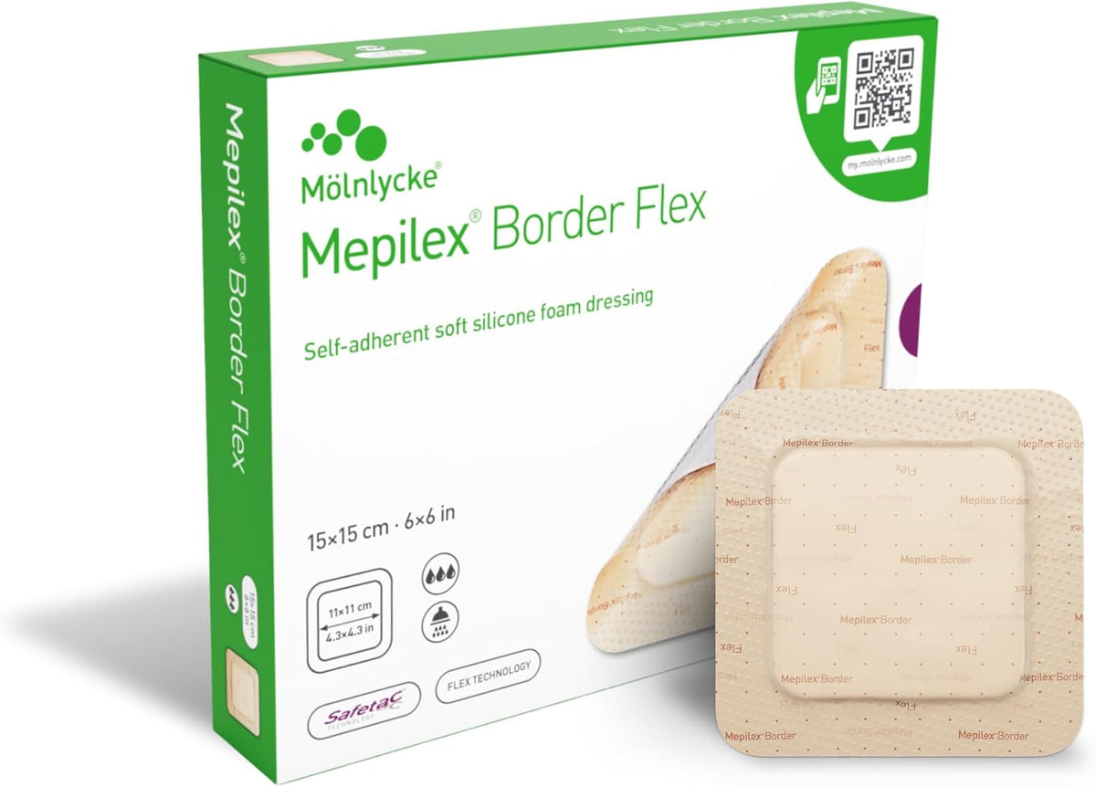 Mepilex Border Flex 15x15 cm | Box of 10 | Self-adherent soft silicone foam dressing with border | Designed to stay on for several days to promote a moist wound healing environment