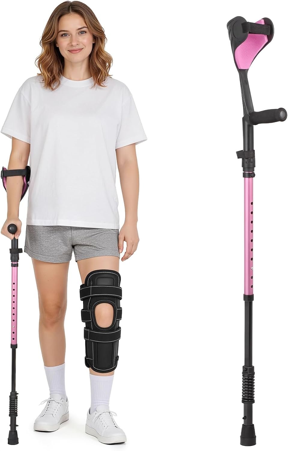 Forearm Crutches Spring Assist Crutches for Adults Not a Pair | Height Adjustable, Comfortable, Arm Crutches Forearm with Anti-Slip Tips,Walking Crutches with Cuffs for Seniors Rehab, Pink
