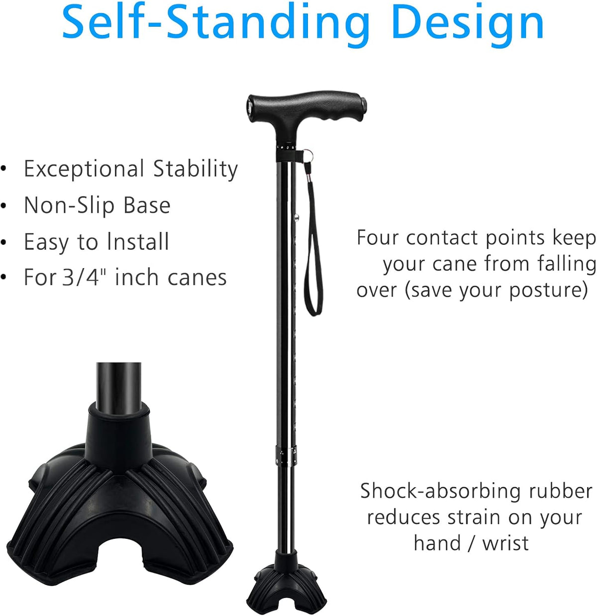 XSL Cane Tips - Heavy Duty Rubbers Self Standing Quad Base Replacement Walking Cane Tips