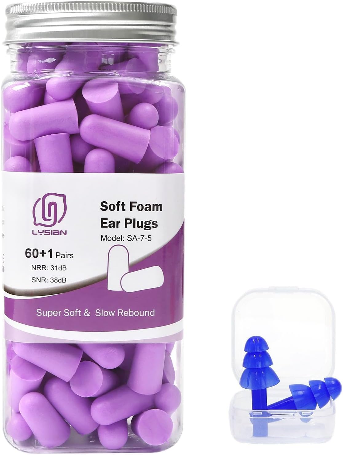 LYSIAN Foam Ear Plugs for Sleep, 60 Pairs, 38dB SNR, Purple | Ultra-soft noise reduction earplugs for snoring, shooting, study, work & travel; 38dB SNR, hearing protection