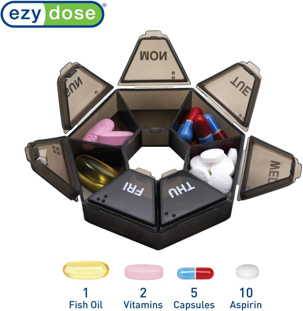 Ezy Dose Weekly (7-Day) Pill Organizer, 7-Sided Medicine Planner, Black | Compact Daily Round Vitamin & Supplement Medicine Case, Convenient and Easy to Use, Travel-Friendly Container, BPA-Free